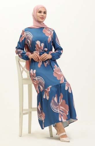 Digital Print Shirred Dress 1114-01 Indigo Dusty Rose 1114-01