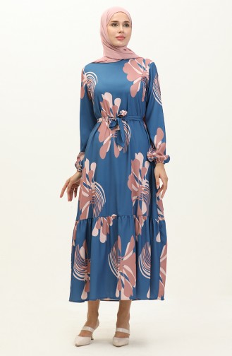 Digital Print Shirred Dress 1114-01 Indigo Dusty Rose 1114-01