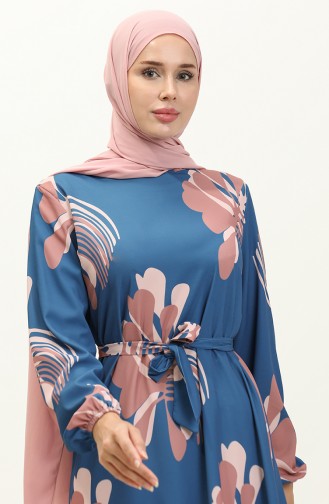 Digital Print Shirred Dress 1114-01 Indigo Dusty Rose 1114-01