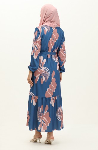 Digital Print Shirred Dress 1114-01 Indigo Dusty Rose 1114-01