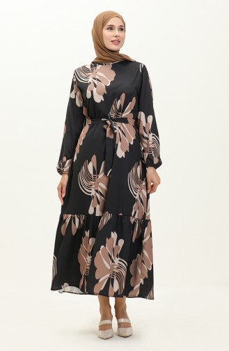 Digital Print Ruffled Dress 1114-02 Black Brown 1114-02