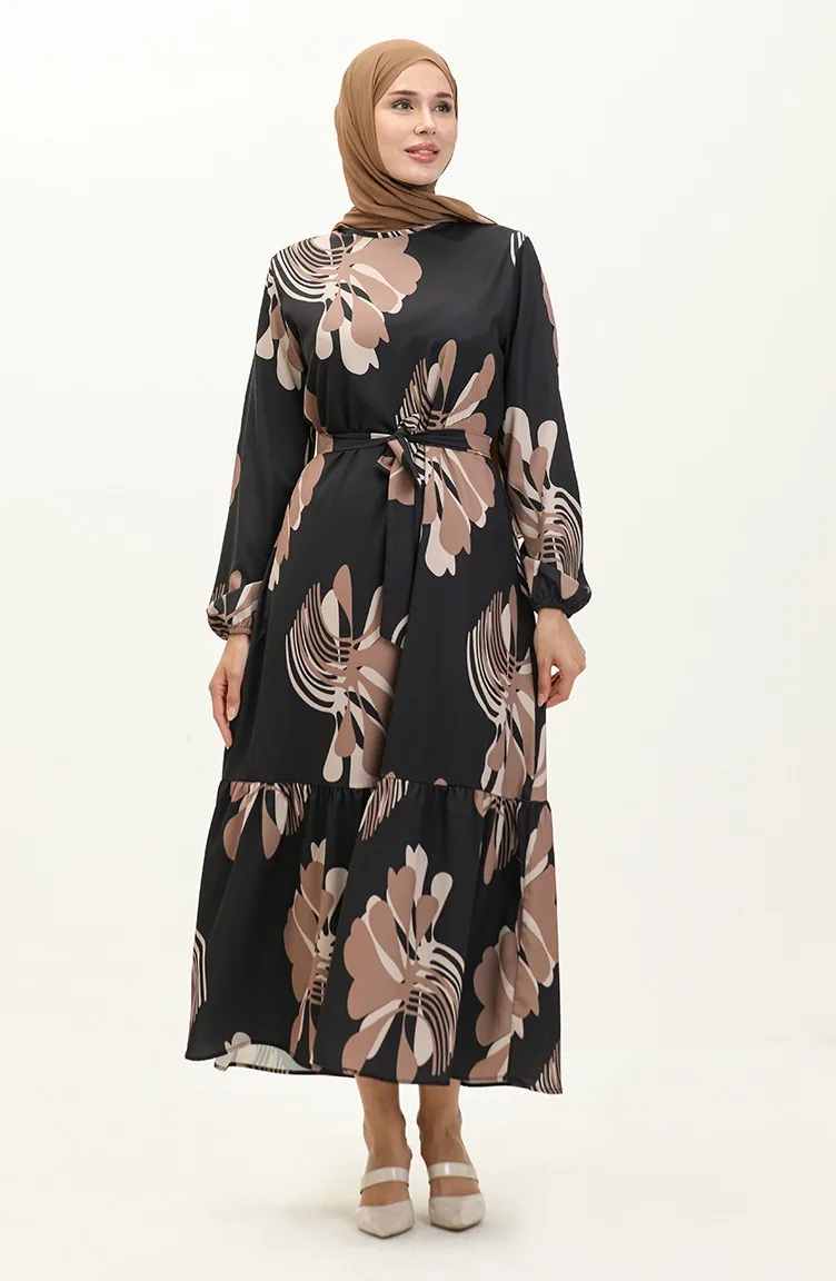 Robe Plissée Imprimée Numérique 1114-02 Noir Brun 1114-02