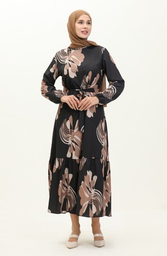 Digital Print Ruffled Dress 1114-02 Black Brown 1114-02