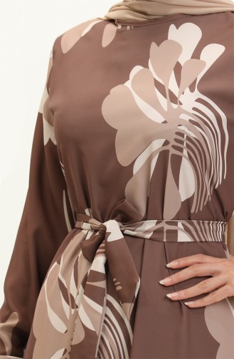 Dijital Baskılı Büzgülü Elbise 1114-03 Kahverengi Vizon