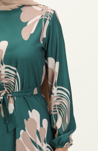Dijital Baskılı Büzgülü Elbise 1114-04 Yeşil Vizon