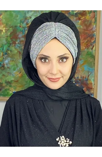 Châle Froncé En Mousseline De Soie à Paillettes Modèle Sultan Double Couleur ARA17SAL52-01 Noir Gris Argenté 17SAL52-01