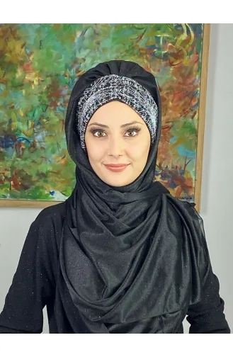 Çift Renkli Sultan Model Simli Şifon Büzgülü Şal ARA17SAL52-02 Siyah Gri