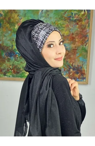 Çift Renkli Sultan Model Simli Şifon Büzgülü Şal ARA17SAL52-02 Siyah Gri