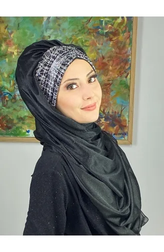 Çift Renkli Sultan Model Simli Şifon Büzgülü Şal ARA17SAL52-02 Siyah Gri