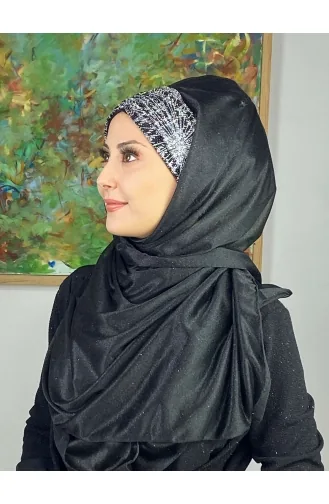 Çift Renkli Sultan Model Simli Şifon Büzgülü Şal ARA17SAL52-02 Siyah Gri