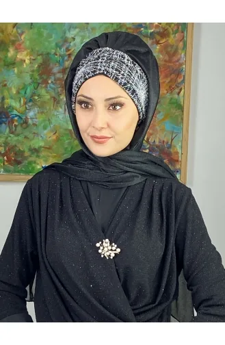 Çift Renkli Sultan Model Simli Şifon Büzgülü Şal ARA17SAL52-02 Siyah Gri