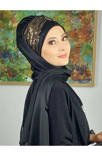 شال مُجمَّع شيفون لامع موديل سلطان ARA17SAL52-03 لون أسود وأصفر وذهبي 17SAL52-03