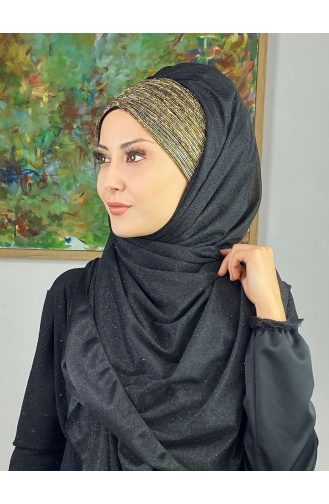 Double Color Sultan Model Glitter Chiffon Gathered Shawl ARA17SAL52-05 Black Gold Yellow 17SAL52-05