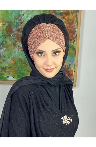 Double Color Sultan Model Glitter Chiffon Gathered Shawl ARA17SAL52-06 Black Copper Color 17SAL52-06