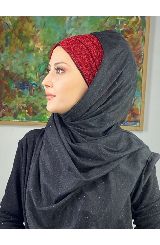 Double Color Sultan Model Glitter Chiffon Gathered Shawl ARA17SAL52-07 Black Red 17SAL52-07