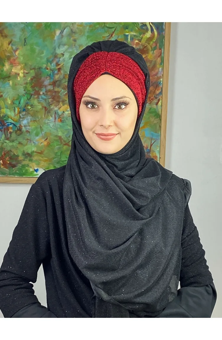 شال مُجمَّع شيفون لامع موديل سلطان مزدوج اللون ARA17SAL52-07 لون أسود وأحمر 17SAL52-07