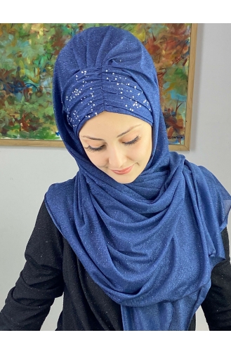 Châle Froncé En Mousseline Argenté Modèle Sultan ARA17SAL38-10 Bleu Marine 17SAL38-10