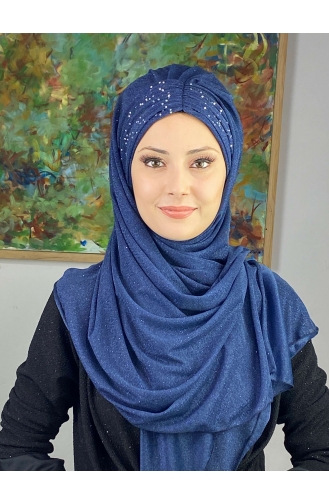Châle Froncé En Mousseline Argenté Modèle Sultan ARA17SAL38-10 Bleu Marine 17SAL38-10