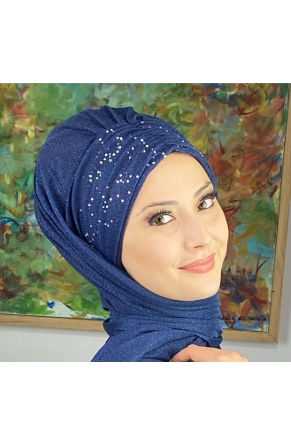 Sultan Model Silvery Chiffon Gathered Shawl ARA17SAL38-10 Navy Blue 17SAL38-10