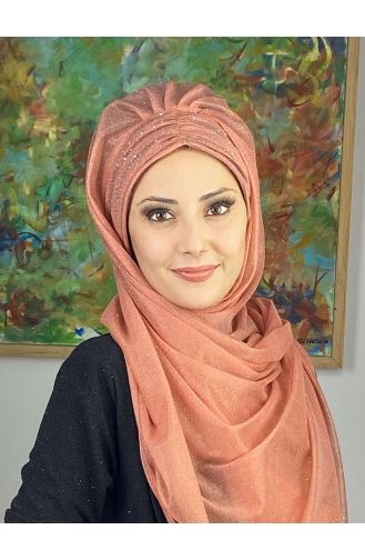 Sultan Model Silvery Chiffon Gathered Shawl ARA17SAL38-12 Salmon 17SAL38-12