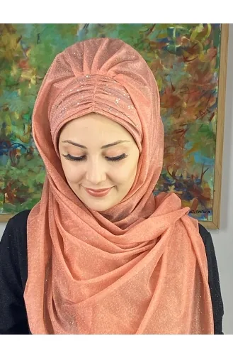 Sultan Model Silvery Chiffon Gathered Shawl ARA17SAL38-12 Salmon 17SAL38-12