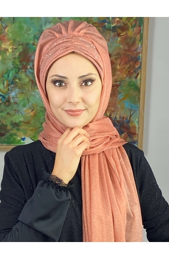 Sultan Model Silvery Chiffon Gathered Shawl ARA17SAL38-12 Salmon 17SAL38-12