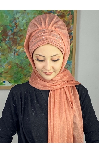 Sultan Model Silvery Chiffon Gathered Shawl ARA17SAL38-12 Salmon 17SAL38-12