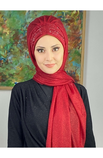 Sultan Model Silvery Chiffon Gathered Shawl ARA17SAL38-13 Red 17SAL38-13