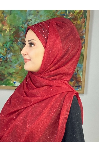 Sultan Model Silvery Chiffon Gathered Shawl ARA17SAL38-13 Red 17SAL38-13