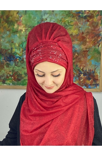 Sultan Model Silvery Chiffon Gathered Shawl ARA17SAL38-13 Red 17SAL38-13