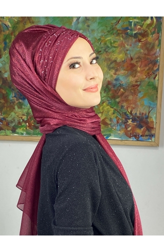 Sultan Model Silvery Chiffon Gathered Shawl ARA17SAL38-05 Claret Red 17SAL38-05