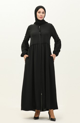 Aerobin Fabric Shirred Zippered Abaya 2004-01 Black 2004-01