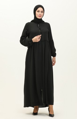 Aerobin Fabric Shirred Zippered Abaya 2004-01 Black 2004-01
