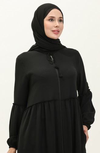 Aerobin Fabric Shirred Zippered Abaya 2004-01 Black 2004-01