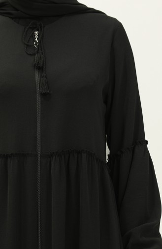 Aerobin Fabric Shirred Zippered Abaya 2004-01 Black 2004-01