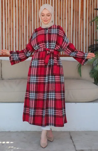 معطف بنقش مربع 23K8768-02 أحمر غامق 23K8768-02