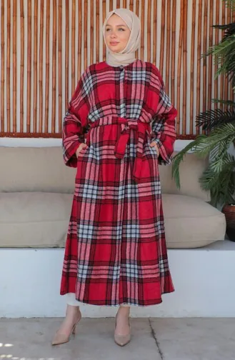 معطف بنقش مربع 23K8768-02 أحمر غامق 23K8768-02