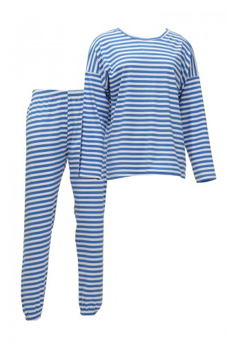 Akbeniz Ensemble Pyjama En Coton Peigné à Manches Longues Pour Femme 4133 Bleu 3592.Mavi