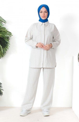 Striped Linen Tunic Trousers Two Piece Suit 39532-01 Beige Navy Blue 39532-01