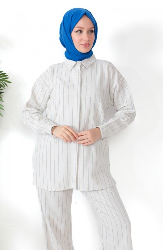 Striped Linen Tunic Trousers Two Piece Suit 39532-01 Beige Navy Blue 39532-01