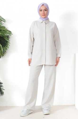 Striped Linen Tunic Trousers Two Piece Suit 39532-02 Beige Dusty Rose 39532-02