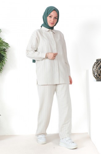 Çizgili Keten Tunik Pantolon İkili Takım 39532-03 Bej Fıstık Yeşili
