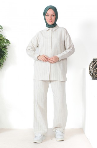 Striped Linen Tunic Trousers Two Piece Suit 39532-03 Beige Pistachio Green 39532-03
