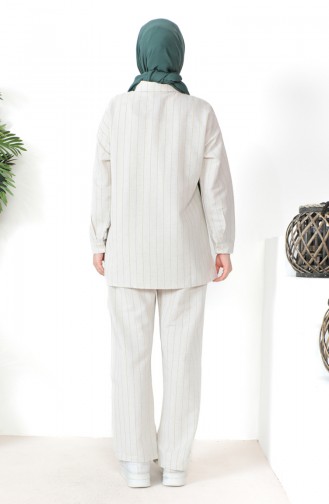 Striped Linen Tunic Trousers Two Piece Suit 39532-03 Beige Pistachio Green 39532-03