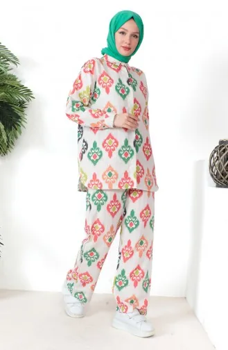 Ensemble Tunique Pantalon en Lin 39533-01 Beige Vert 39533-01