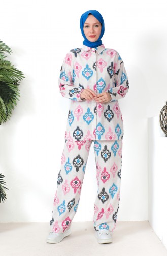 Linen Tunic Pants Two Piece Suit 39533-02 Beige Fuchsia 39533-02