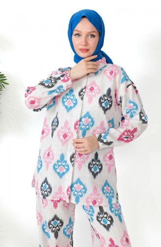 Keten Tunik Pantolon İkili Takım 39533-02 Bej Fuşya