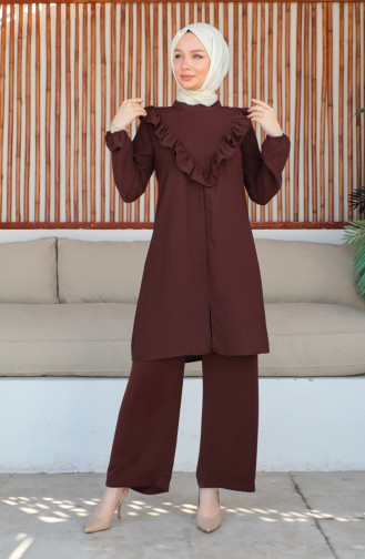 Fırfırlı Tunik Pantolon İkili Takım 0223-01 Kahverengi