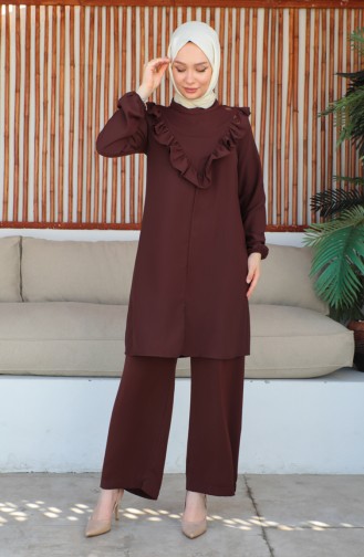 Fırfırlı Tunik Pantolon İkili Takım 0223-01 Kahverengi
