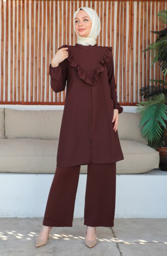 Fırfırlı Tunik Pantolon İkili Takım 0223-01 Kahverengi